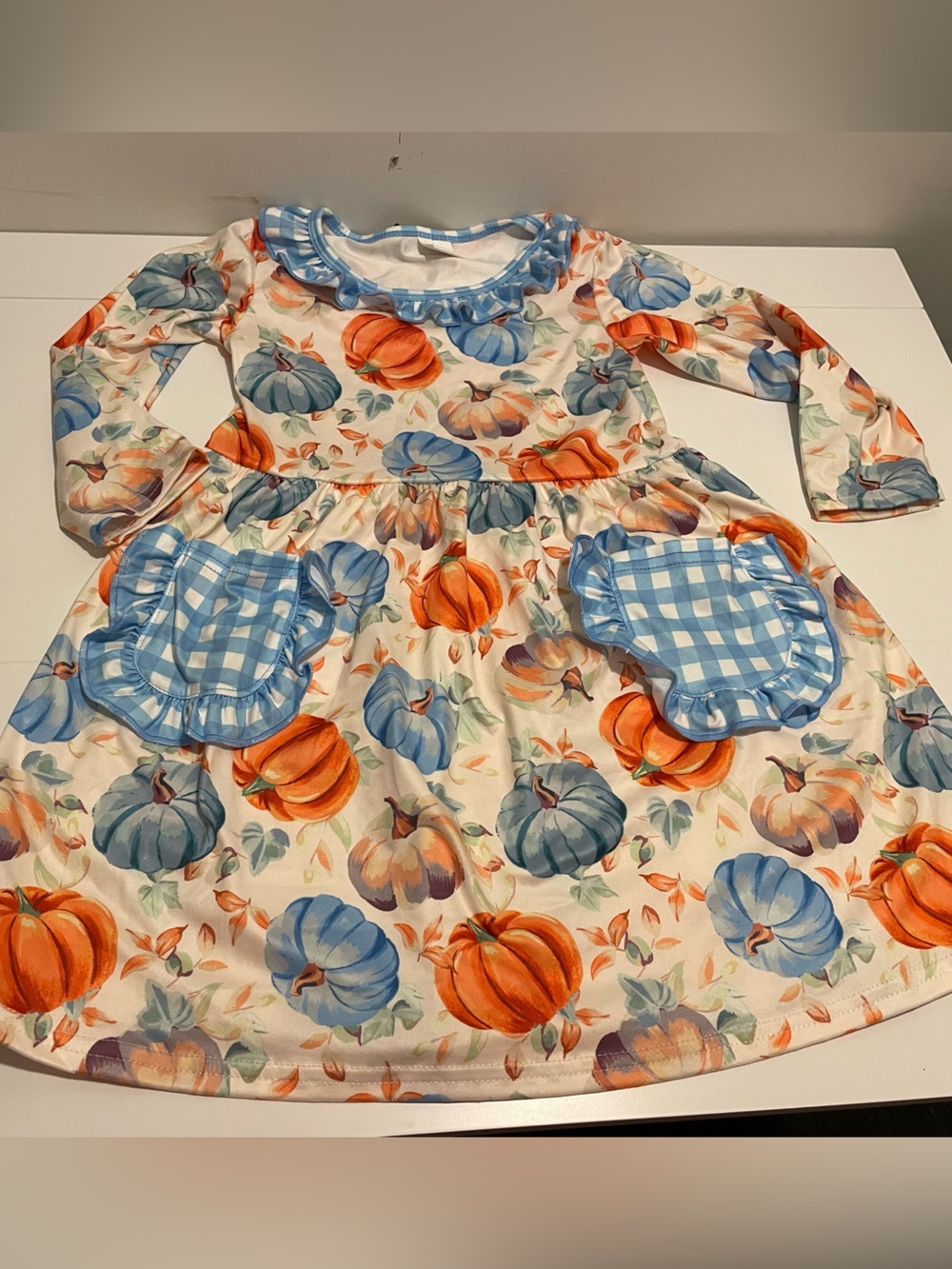 Source Unknown Toddler Girl's size 4T Blue & Orange Pumpkin Pint Dress Gingham